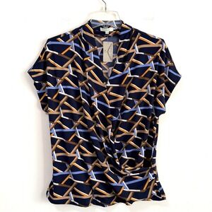 Jade Wrap Top Shirt XL Short Sleeve Abstract Designer V Neck Office Party NEW